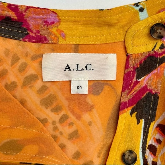 A.L.C. Yellow Floral Silk Jen Mini Dress Long Sleeve Belted Shirtdress Size XS S - Picture 14 of 16